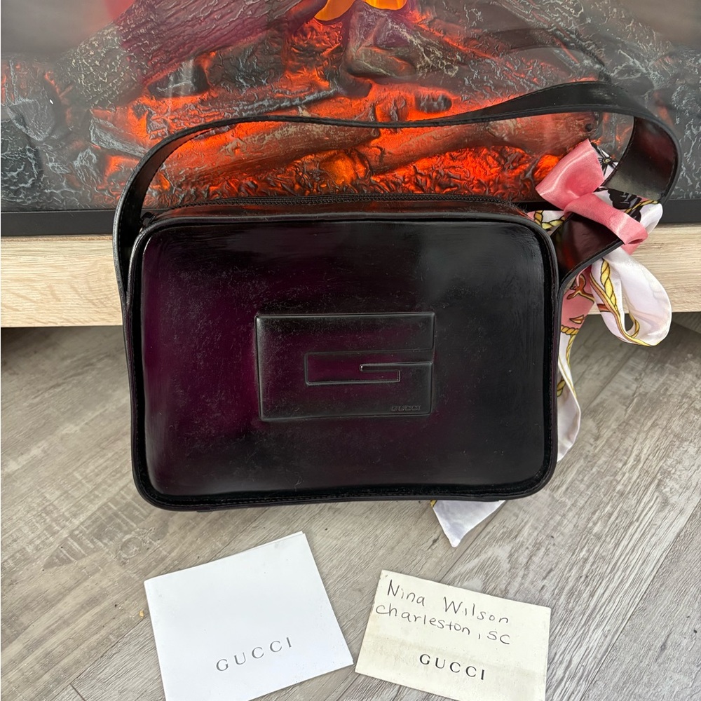 Gucci Black Leather Shoulder Tote with Pink Scarf Accent